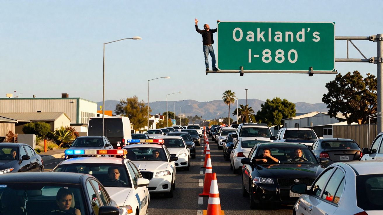 Un homme debout sur un panneau d'autoroute à Oakland au-dessus d'un embouteillage avec voitures et voitures de police.