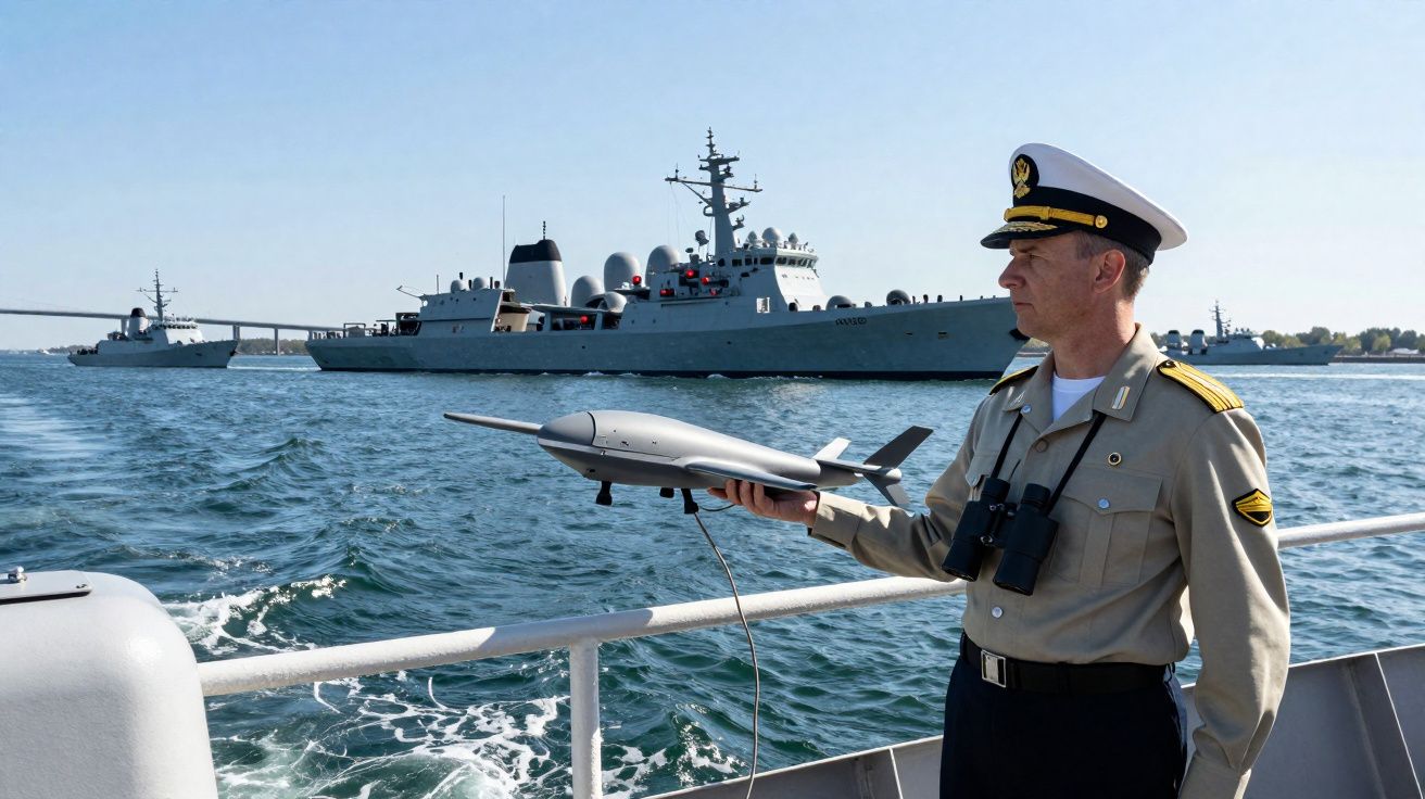 Officier naval tenant un drone missile sur un bateau avec des navires militaires en arrière-plan sur la mer.