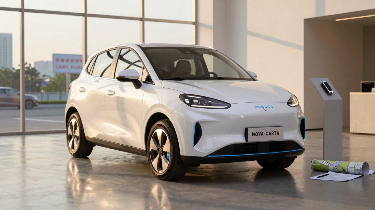 Voiture électrique blanche Nova-Carta garée dans un showroom moderne baigné de lumière naturelle.