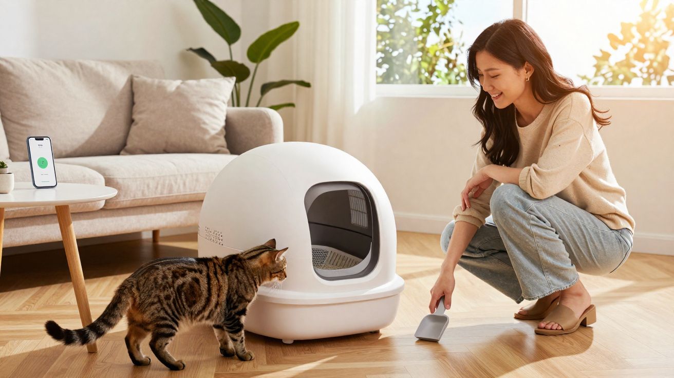 Femme souriante nettoyant une litière automatique blanche pendant qu'un chat tigré s'en approche dans un salon lumineux.