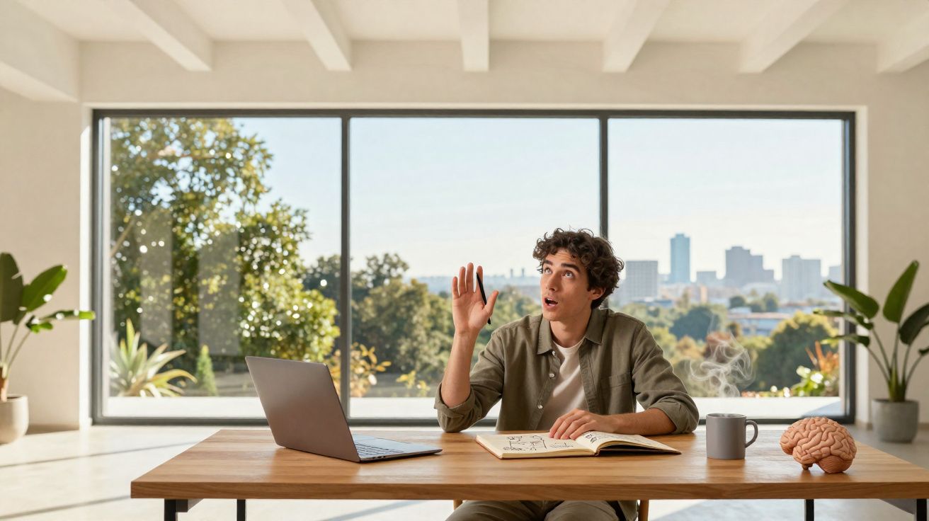 Jeune homme assis à une table avec un ordinateur, un carnet, une tasse et une maquette de cerveau, devant une baie vitrée.