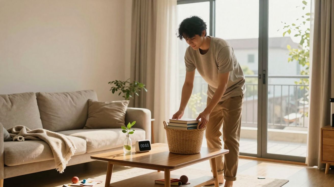 Jeune homme rangeant des livres dans un panier dans un salon lumineux avec canapé et grande baie vitrée.