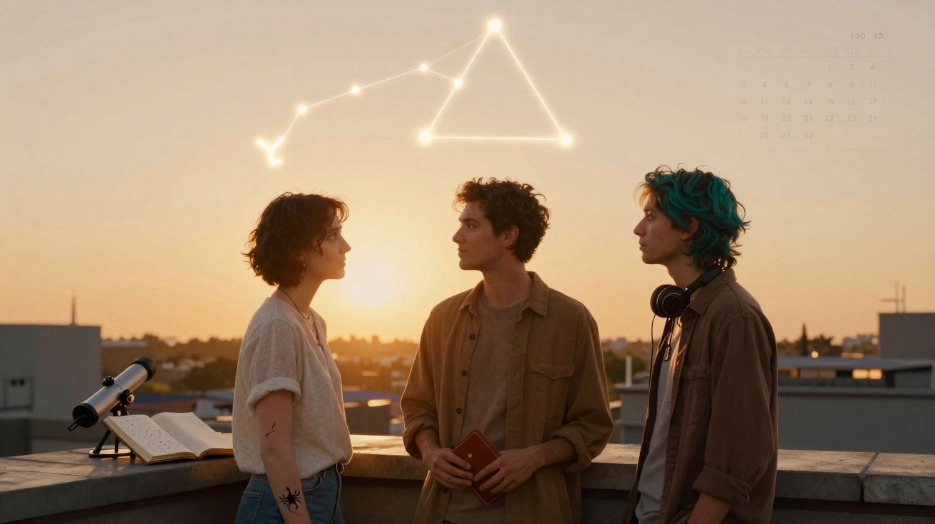 Trois jeunes discutent au coucher du soleil sur un toit, avec un télescope et une ouverture de livre à côté d'eux.