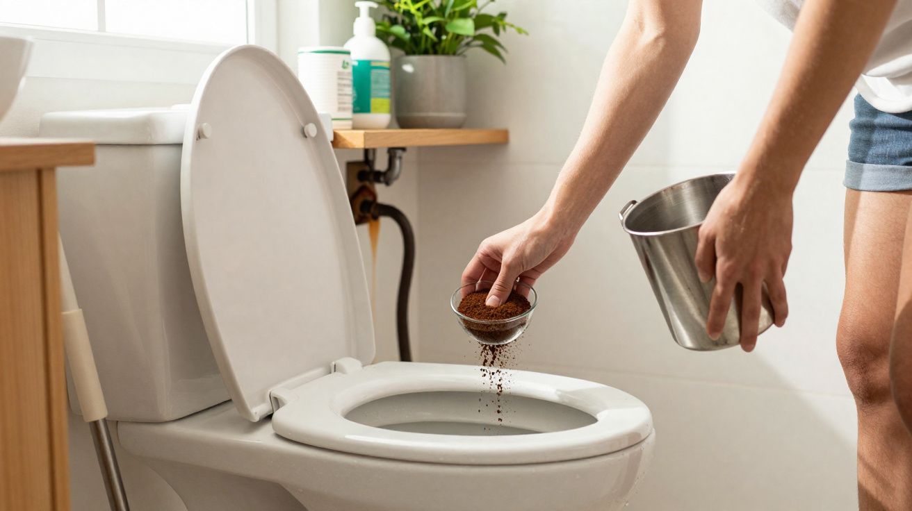 Personne versant du café moulu dans la cuvette des toilettes pour déboucher ou désodoriser.