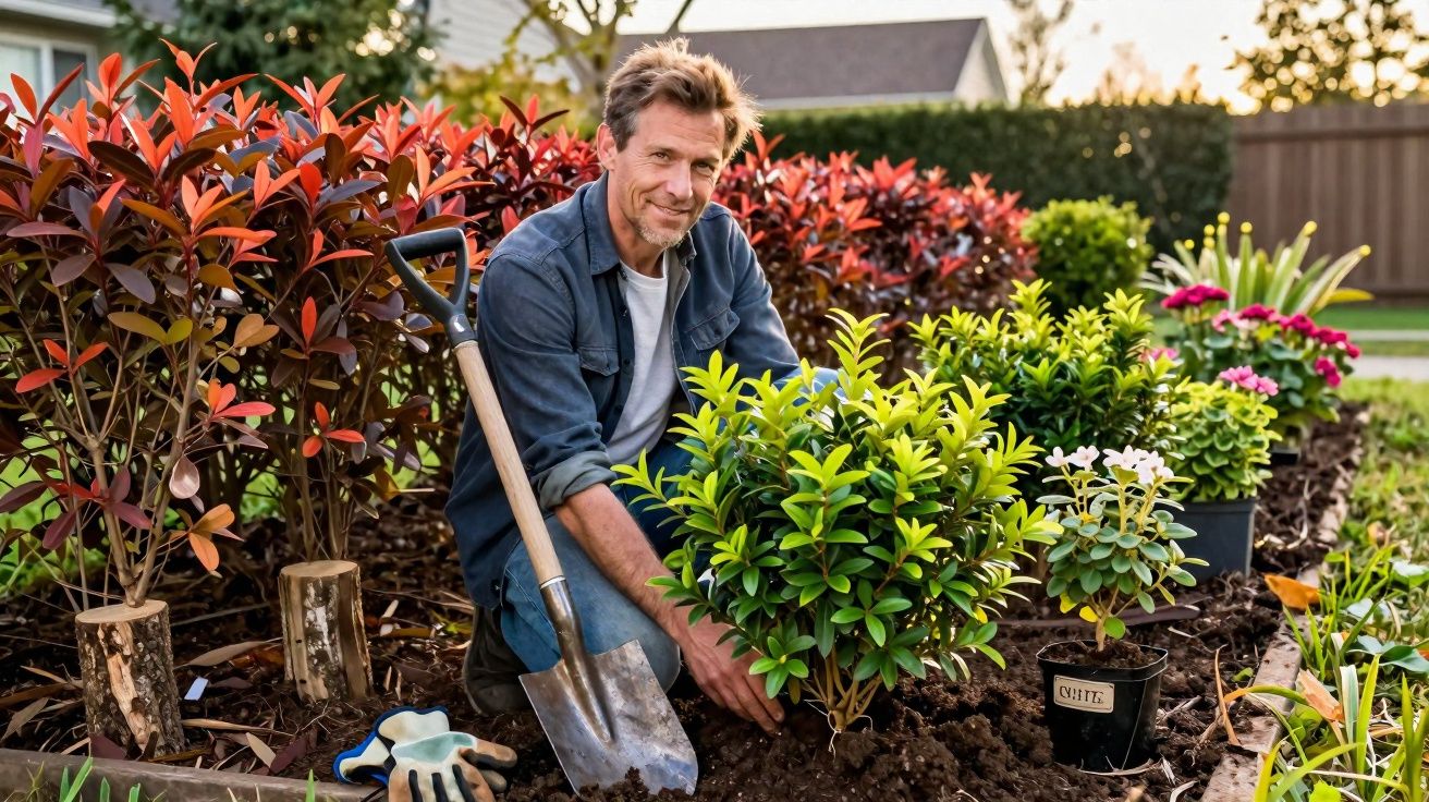 Homme jardinier plantant un arbuste dans un jardin avec outils et autres plantes autour, à la lumière du soleil.