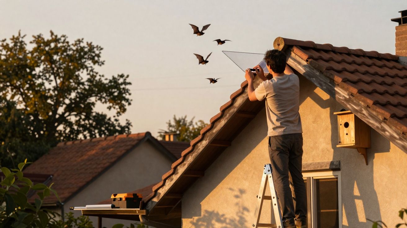 Un homme sur une échelle filme des chauves-souris volant près du toit d'une maison au coucher du soleil.