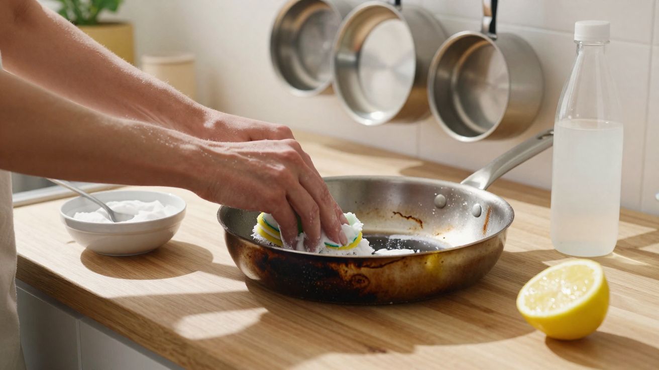 Une personne nettoie une poêle brûlée avec une éponge, du bicarbonate et un citron coupé en deux.