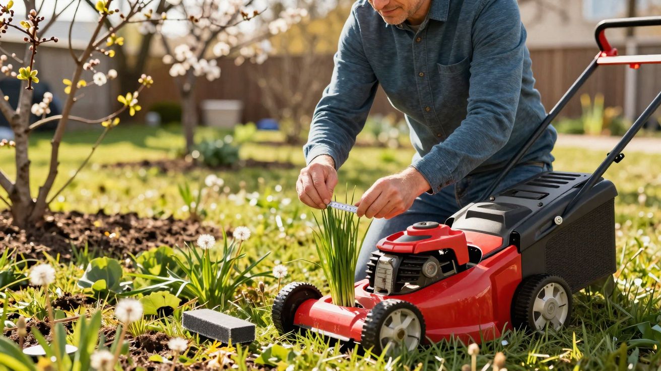 Un homme inspecte des herbes hautes coincées dans une tondeuse à gazon rouge dans un jardin au printemps.