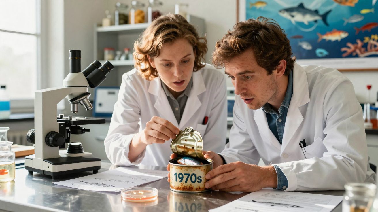 Deux scientifiques en blouse blanche examinent un poisson dans une boîte métallique marquée "1970s" en laboratoire.