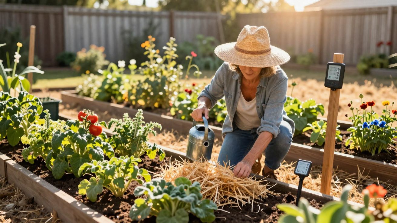 Femme avec chapeau arrosant et entretenant un potager en carré en plein soleil.