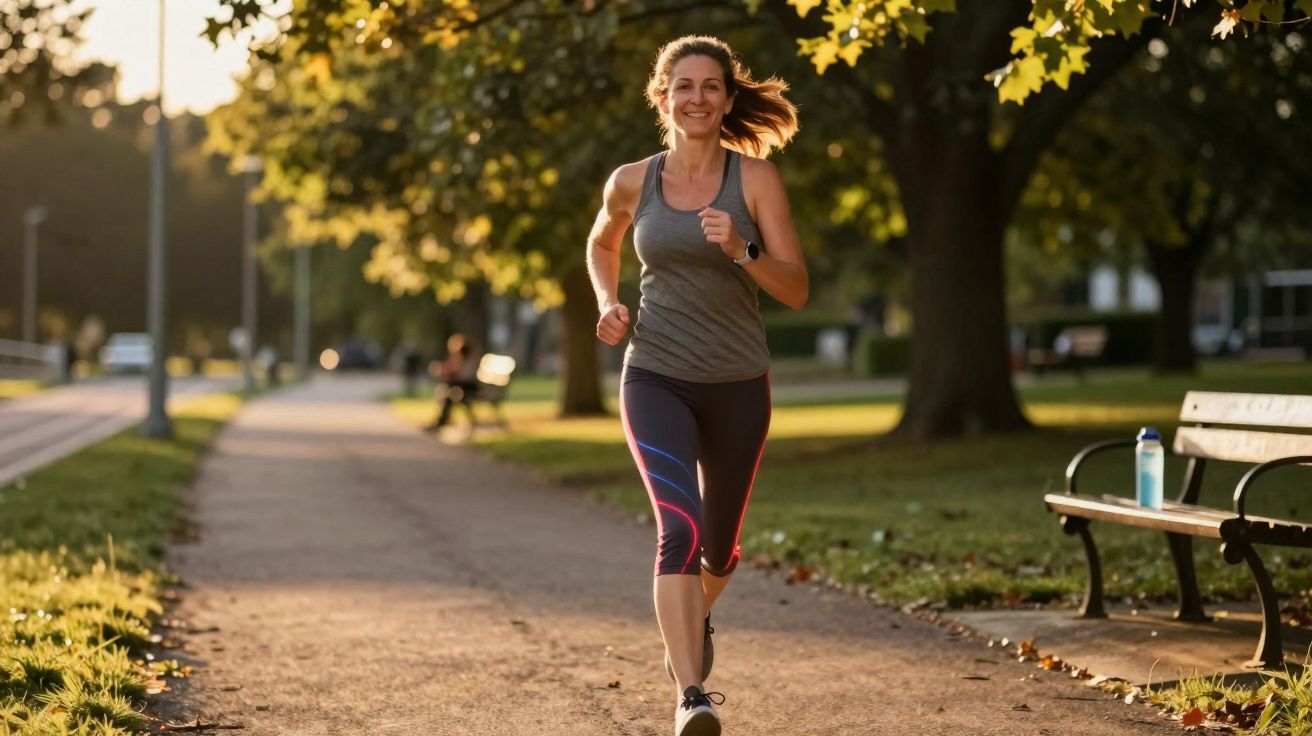 Femme souriante courant sur un chemin de parc ensoleillé avec des arbres et un banc à côté.