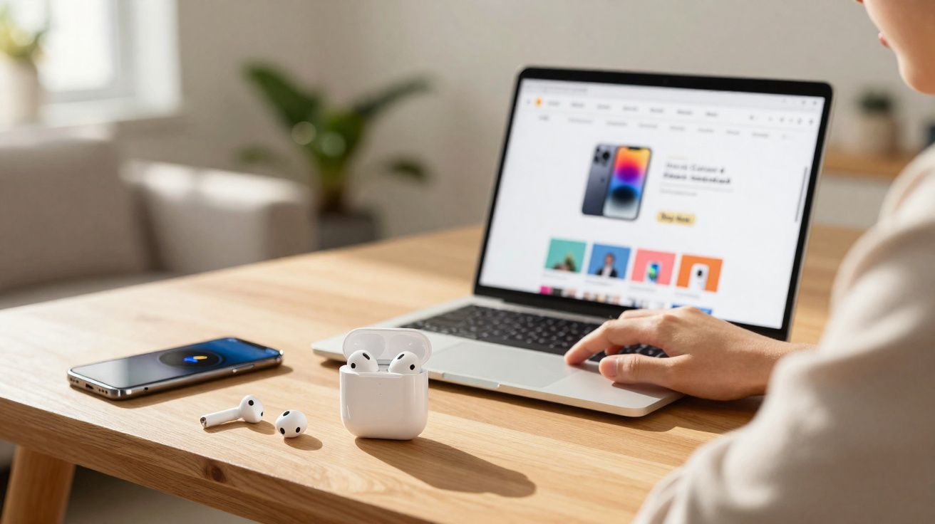 Personne utilisant un ordinateur portable avec des écouteurs sans fil et un smartphone posés sur une table en bois.