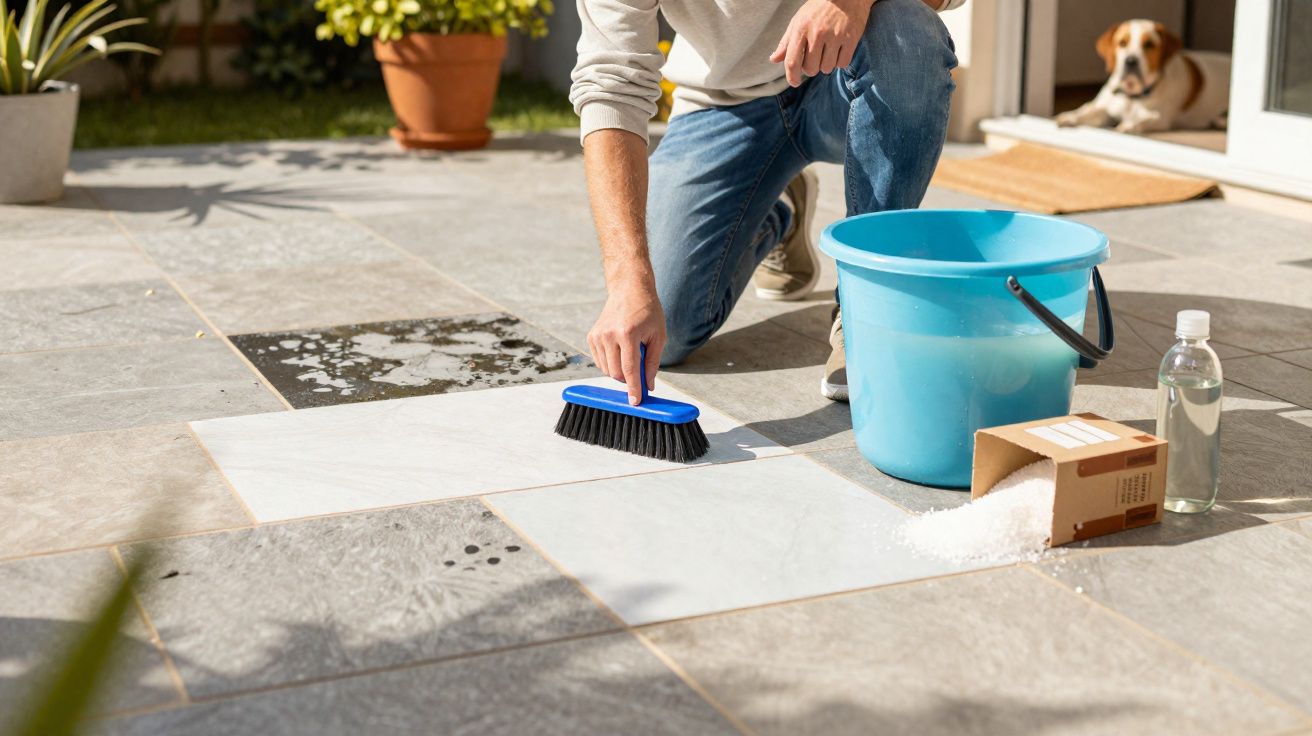 Personne nettoyant des carreaux en céramique avec une brosse bleue, un seau et des produits de nettoyage.