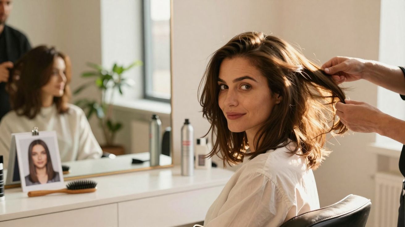 Femme souriante assise chez le coiffeur, une main travaille ses cheveux, miroir reflétant la scène.