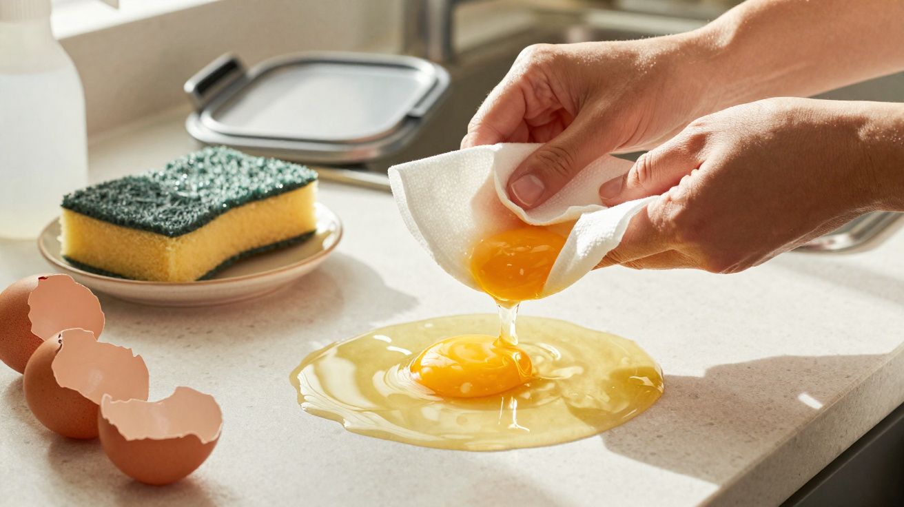 Mains tenant un mouchoir en papier pour récupérer un jaune d'œuf renversé sur un plan de travail de cuisine.