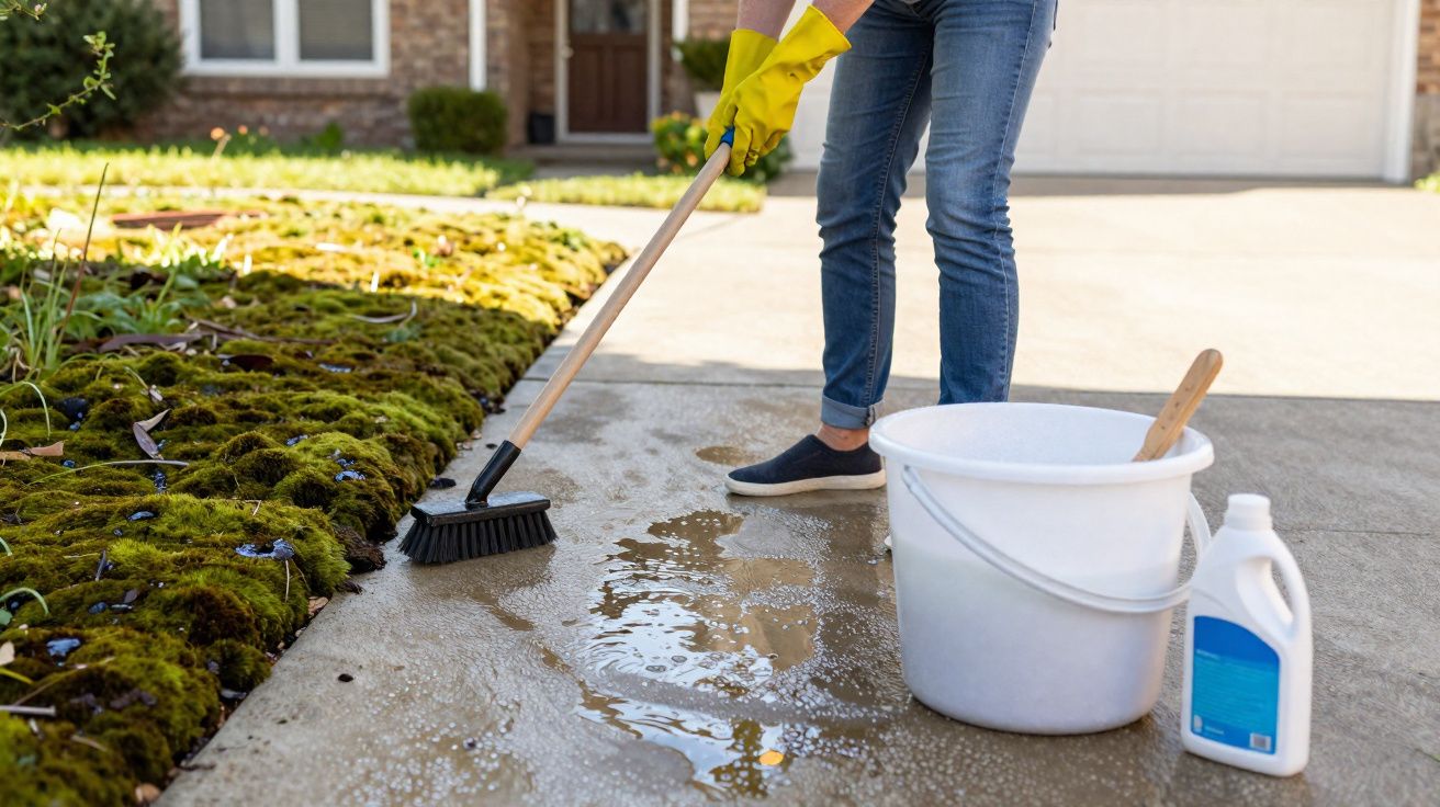 Personne nettoyant une allée extérieure avec une brosse, un seau d'eau savonneuse et un détergent.