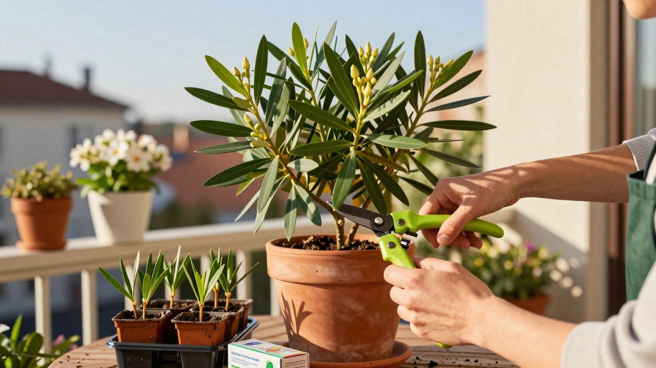 Personne taillant un petit arbuste en pot sur un balcon ensoleillé avec plusieurs autres plantes.