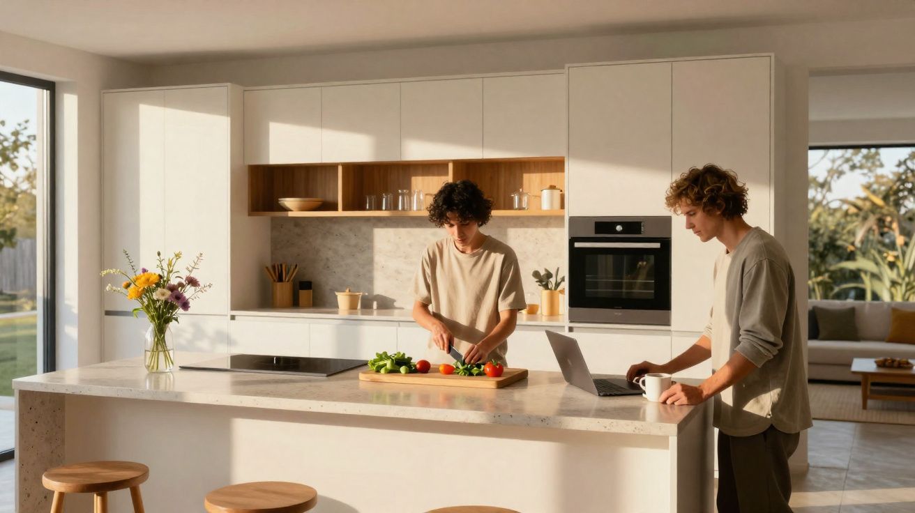 Deux jeunes hommes préparent des légumes dans une cuisine moderne lumineuse avec îlot central et vase de fleurs.