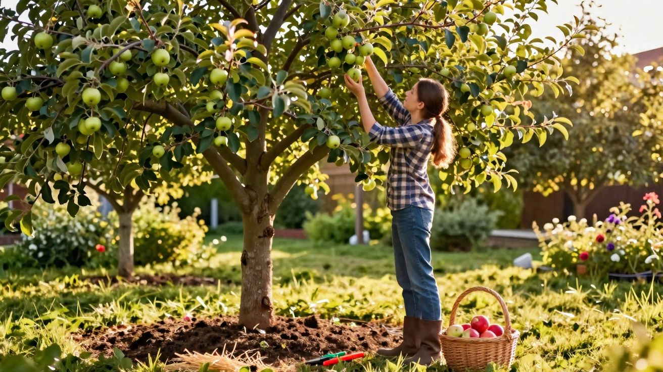 Femme cueillant des pommes vertes dans un verger, panier rempli de pommes rouges à ses pieds, journée ensoleillée.