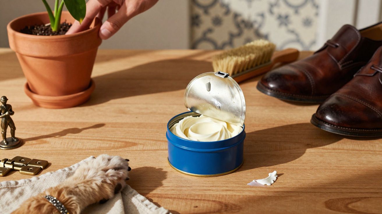 Pot de crème cirage ouvert sur une table en bois, chaussures en cuir, brosse, main et patte de chat visibles.