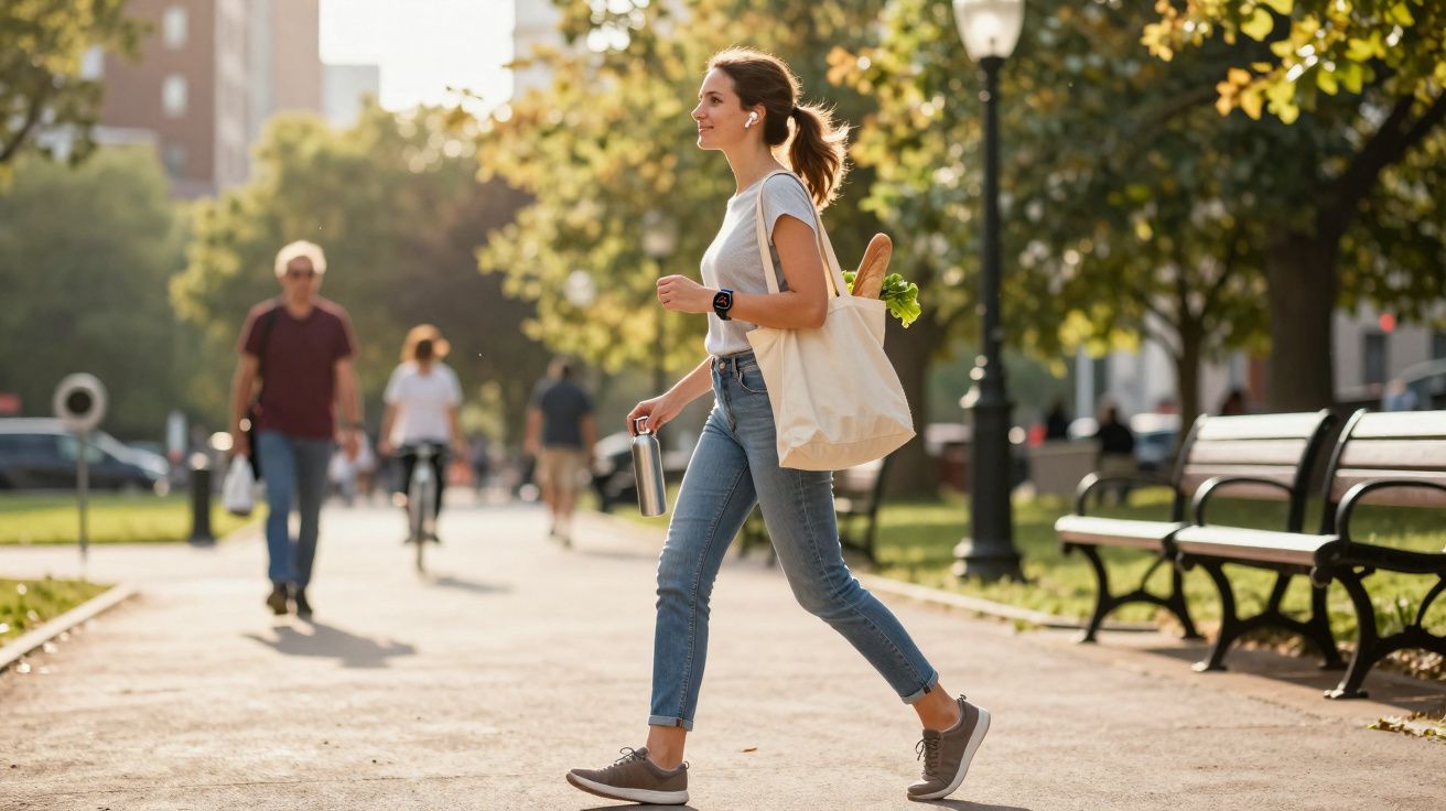 Jeune femme marchant dans un parc ensoleillé, portant un sac réutilisable avec baguette et légumes.