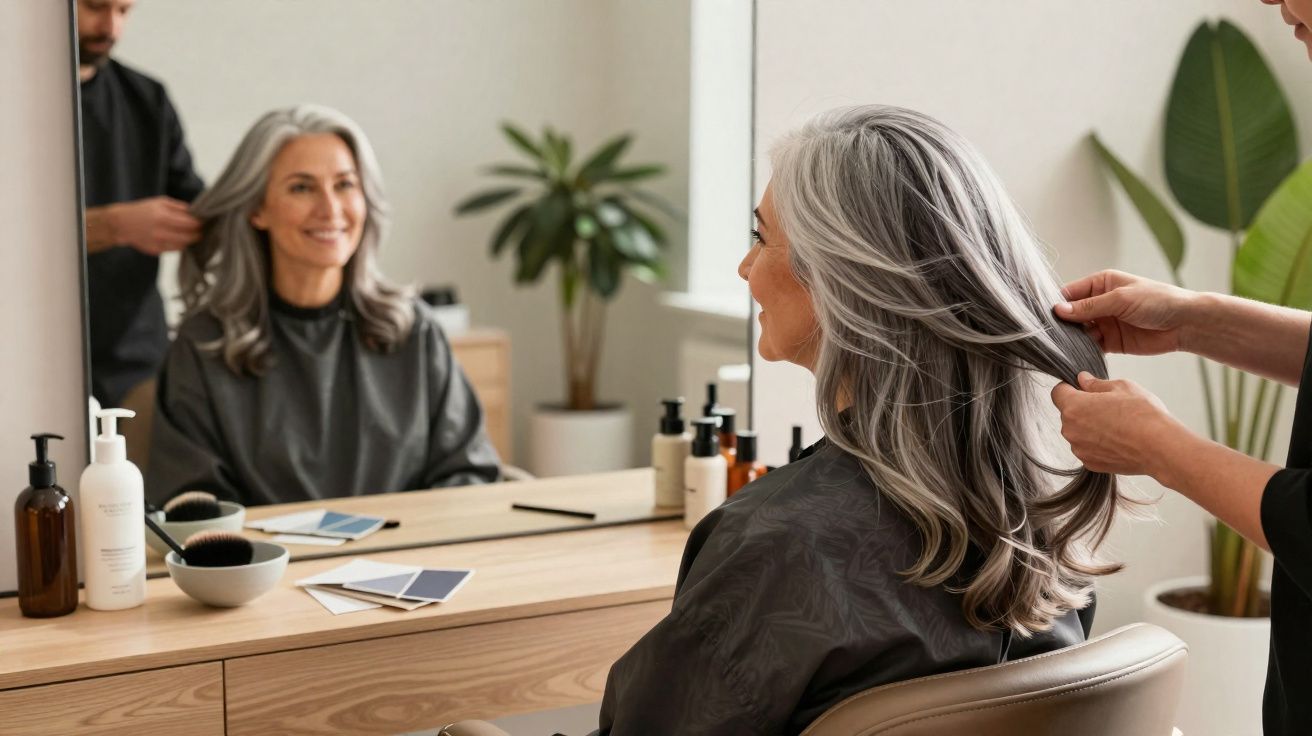 Femme aux cheveux gris en train de se faire coiffer dans un salon de beauté, souriante devant un miroir.