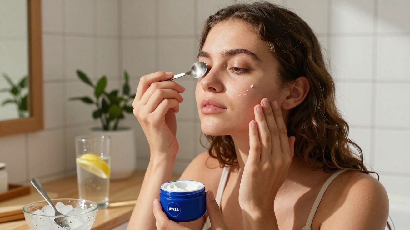 Jeune femme appliquant une crème hydratante sur son visage dans une salle de bain lumineuse.