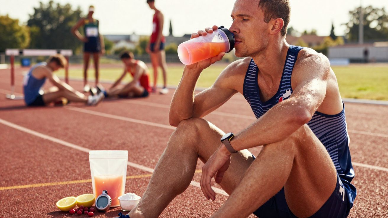 Homme assis sur piste d'athlétisme buvant une boisson sportive orange après l'effort.