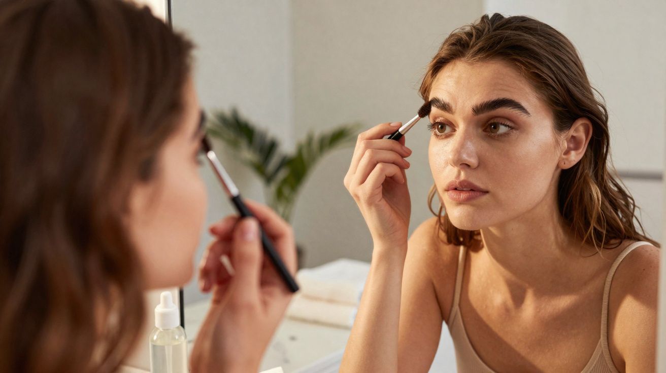 Jeune femme appliquant du maquillage aux sourcils devant un miroir dans une salle de bain lumineuse.