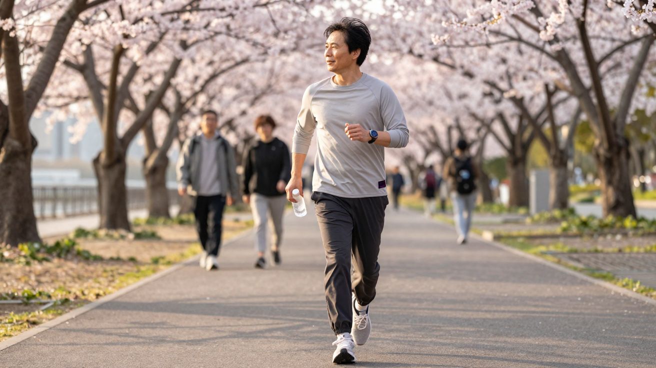 Homme courant sous des cerisiers en fleurs sur une allée, plusieurs personnes marchant en arrière-plan.