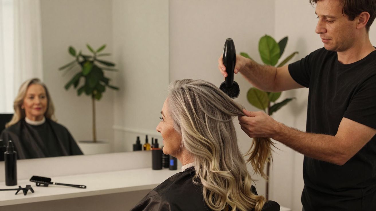 Coiffeur professionnel coiffant une femme aux cheveux longs gris dans un salon moderne et lumineux.