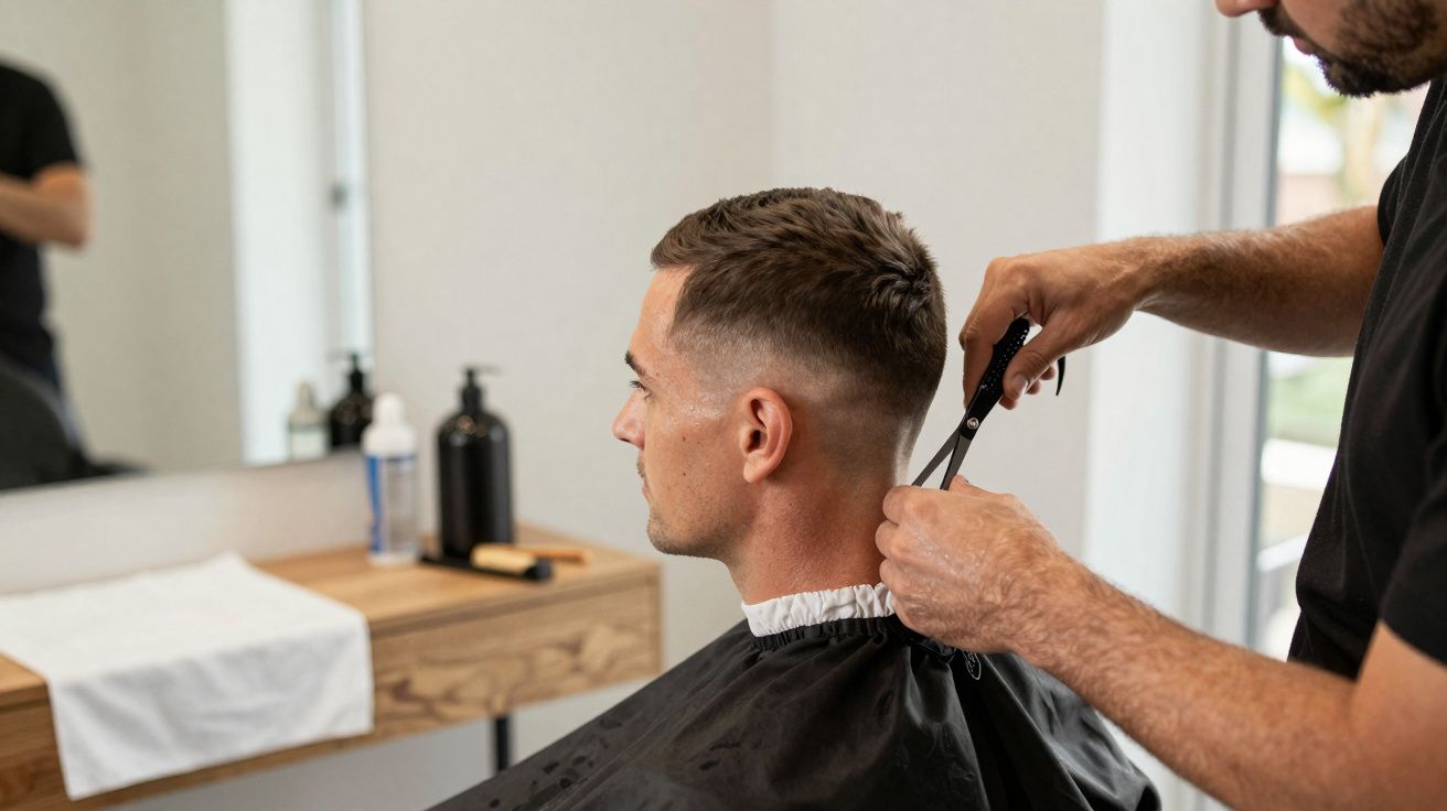 Un coiffeur coupe les cheveux d'un homme assis dans un salon de coiffure moderne.
