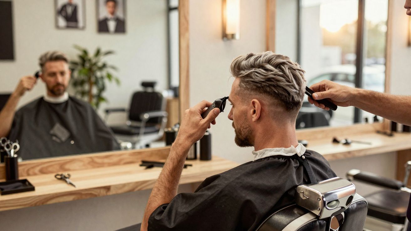Homme se rasant la barbe avec un rasoir dans un salon de coiffure moderne devant un miroir.