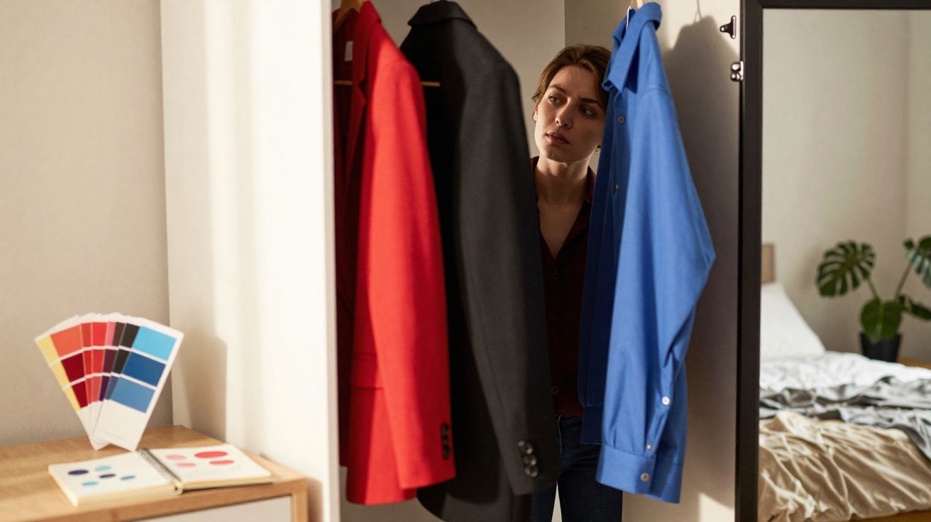 Femme regardant des vêtements suspendus dans une pièce à côté d'un lit et d'un nuancier de couleurs.