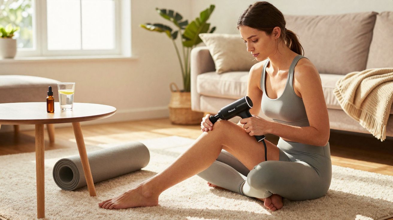 Femme en tenue de sport utilisant un pistolet de massage sur sa jambe dans un salon lumineux et cosy.