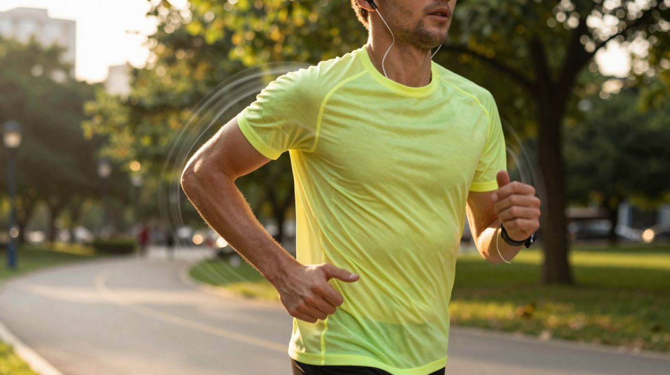 Homme courant dans un parc vêtu d'un t-shirt jaune fluorescent avec des écouteurs.