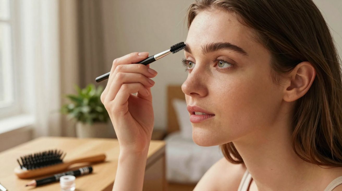 Femme appliquant du gel à sourcils avec une brosse près d'une fenêtre dans une pièce lumineuse.