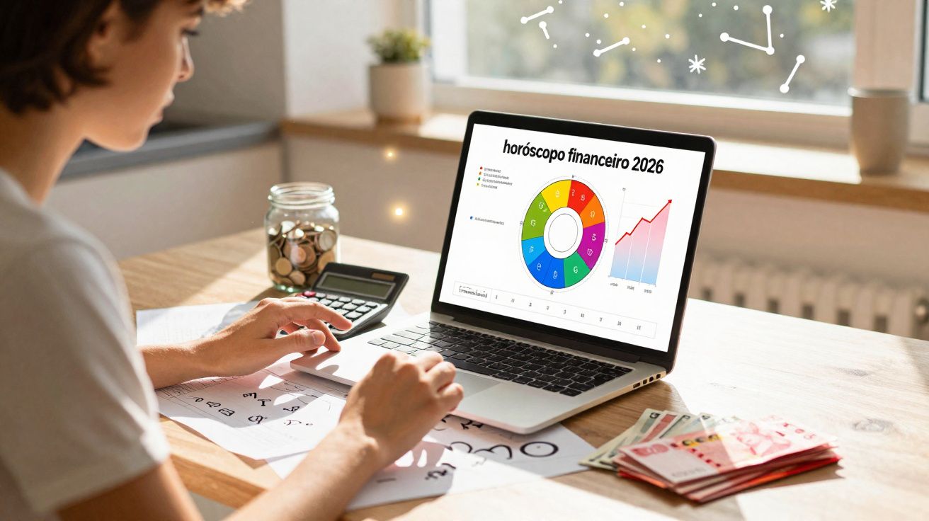Personne travaillant sur un ordinateur avec un horoscope financier 2026 et des billets sur une table en bois.
