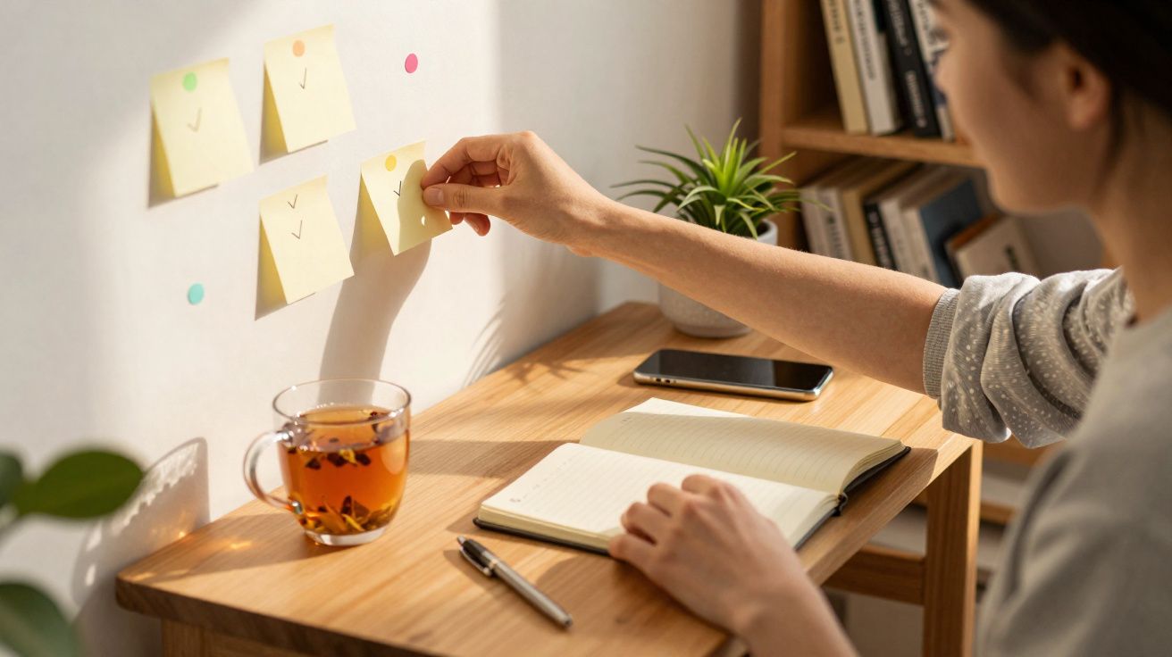 Personne plaçant un post-it avec une coche sur un mur, bureau avec carnet, stylo, téléphone et tasse de thé.
