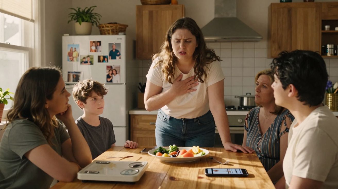 Une femme se tient la poitrine, entourée de quatre personnes assises autour d’une table de cuisine.