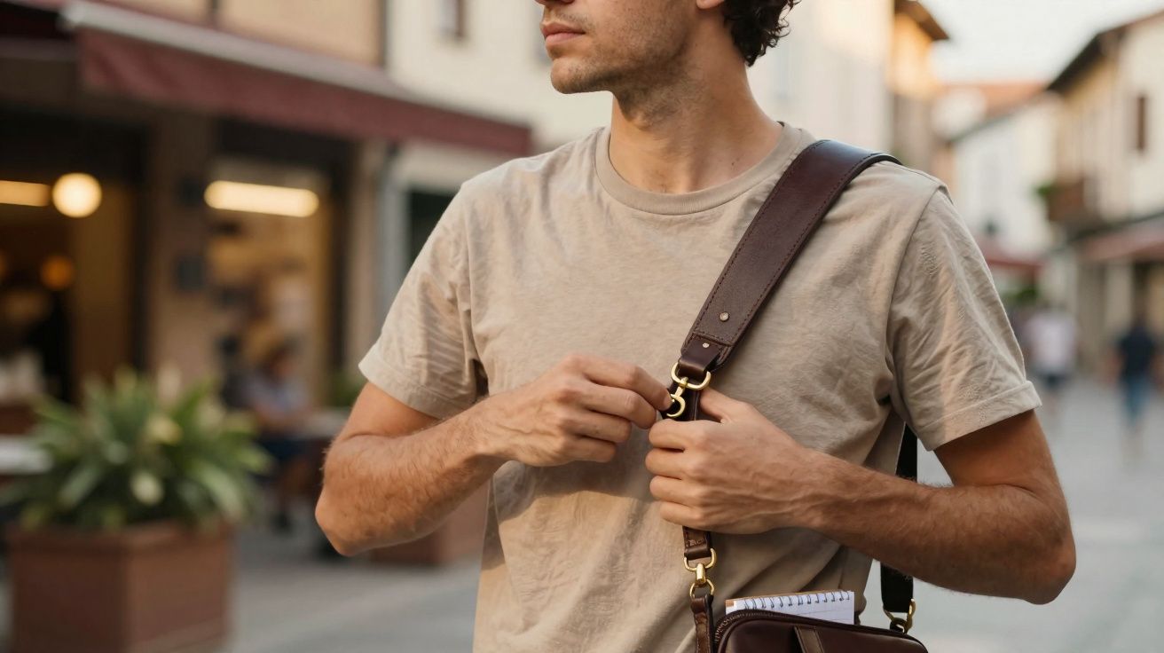 Homme en t-shirt beige ajustant la sangle de son sac en bandoulière dans une rue piétonne urbaine.