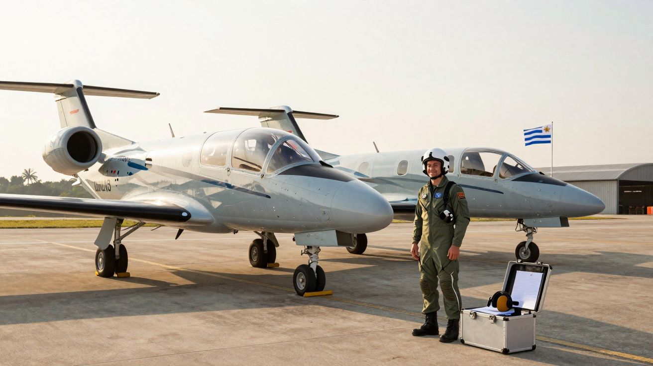 Pilote en combinaison debout à côté de deux petits jets privés sur une piste d’aéroport au lever du soleil.
