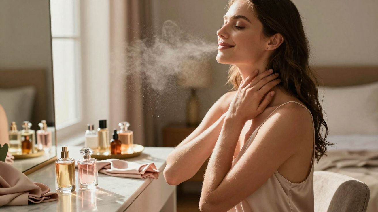 Femme souriante vaporisant du parfum sur son cou devant une coiffeuse avec plusieurs flacons de parfum.