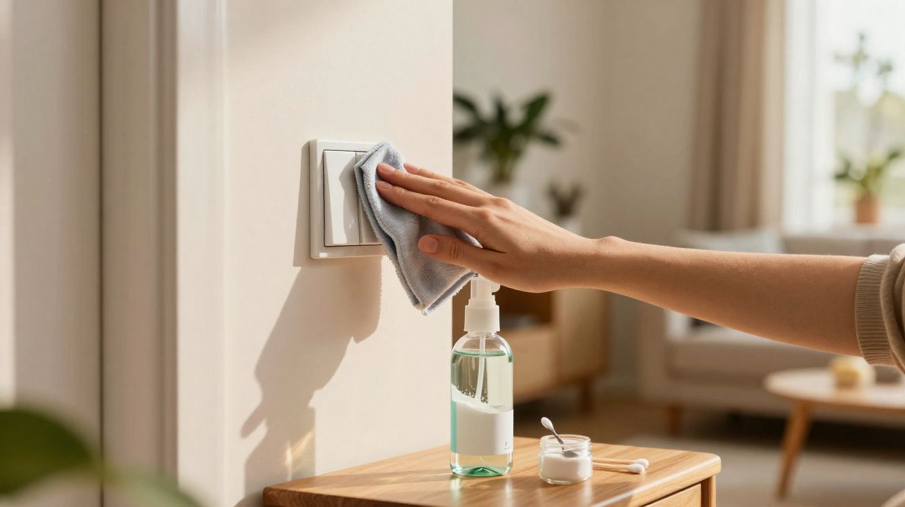 Main nettoyant un interrupteur mural avec un chiffon, bouteille de désinfectant à côté sur un meuble en bois.