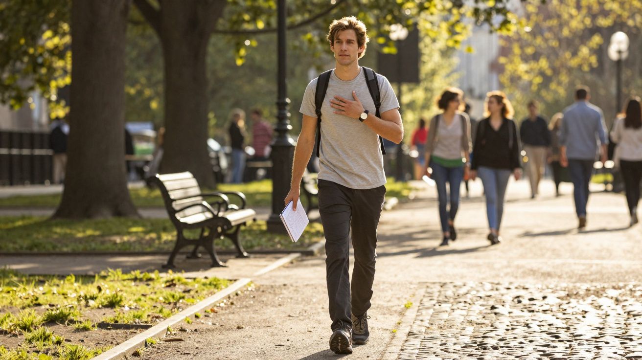 Jeune homme avec un sac à dos marchant dans un parc ensoleillé avec d’autres personnes en arrière-plan.