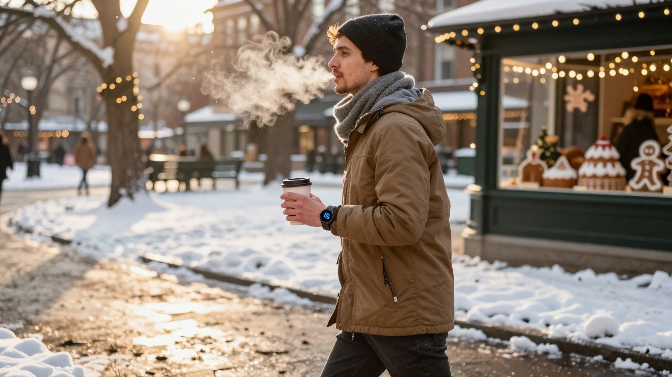 Jeune homme en bonnet et écharpe tenant un café chaud, marchant dans une rue enneigée au coucher du soleil.