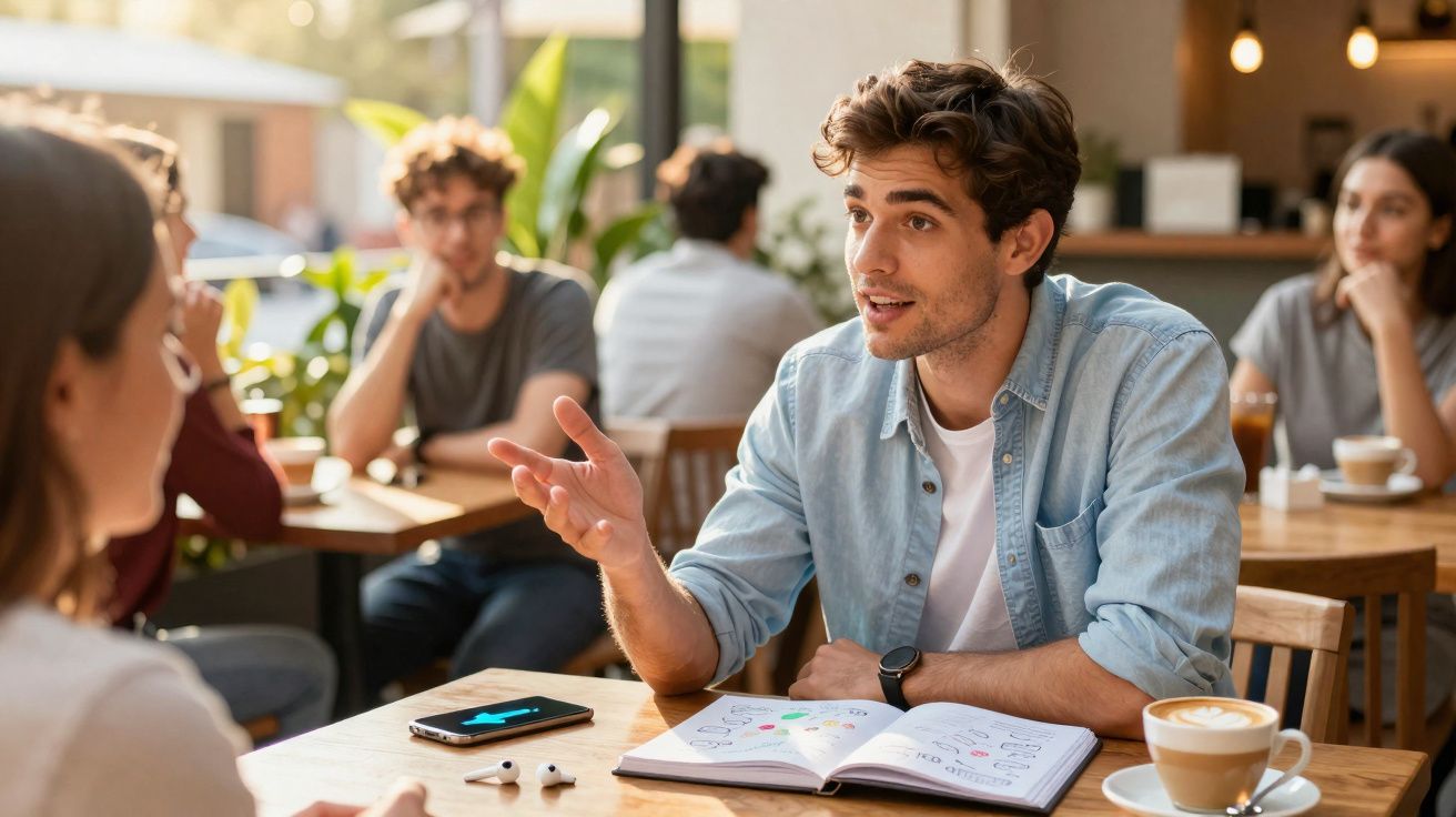 Jeune homme discutant avec une femme dans un café, carnet ouvert et café posé sur la table.