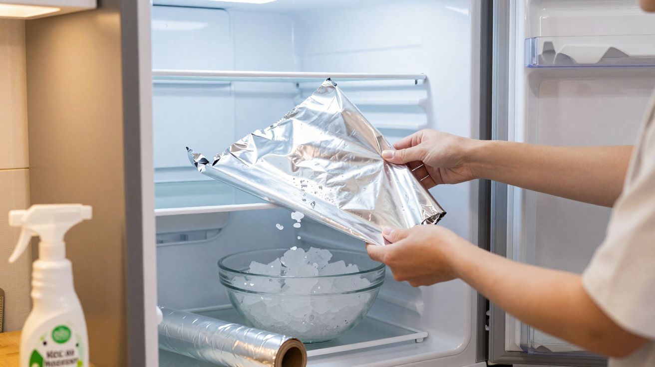 Une personne place un bol de glaçons recouvert de papier aluminium dans un réfrigérateur.