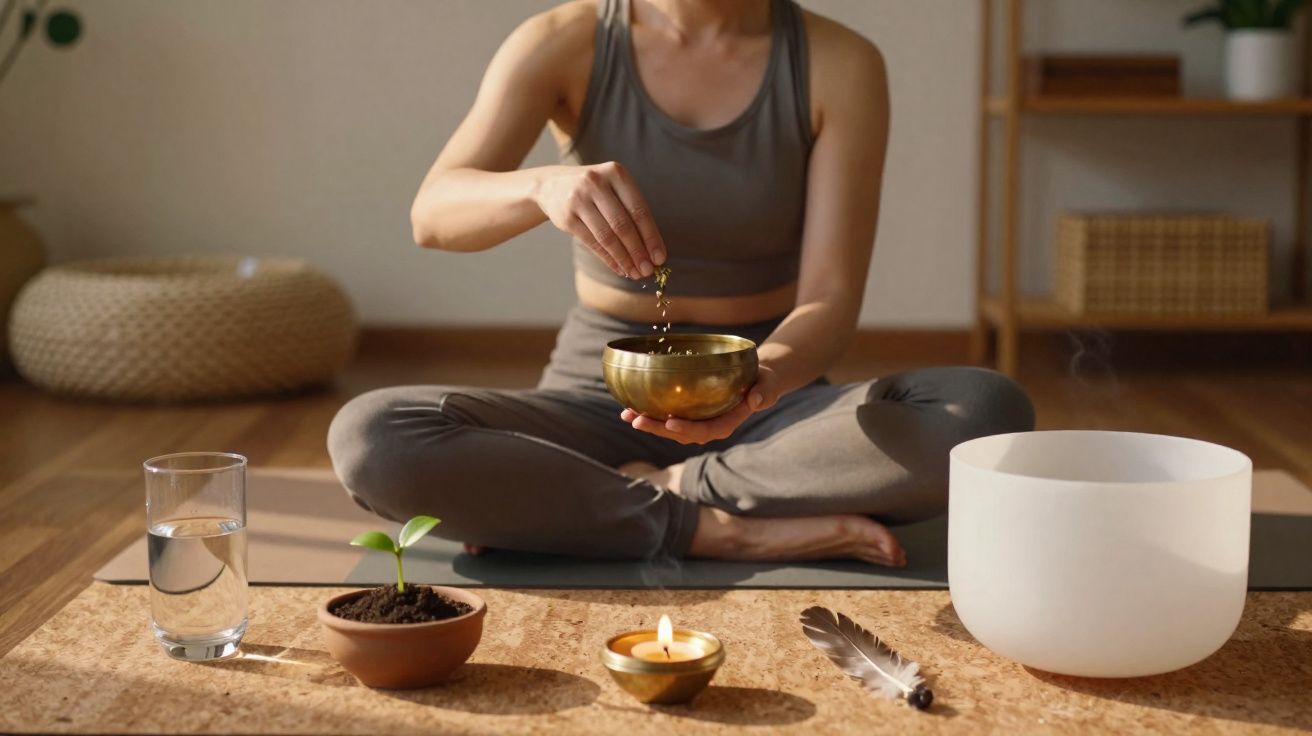 Personne en tenue de yoga méditant avec bol chantant, bougie, plante, plumes et verre d'eau sur tapis.