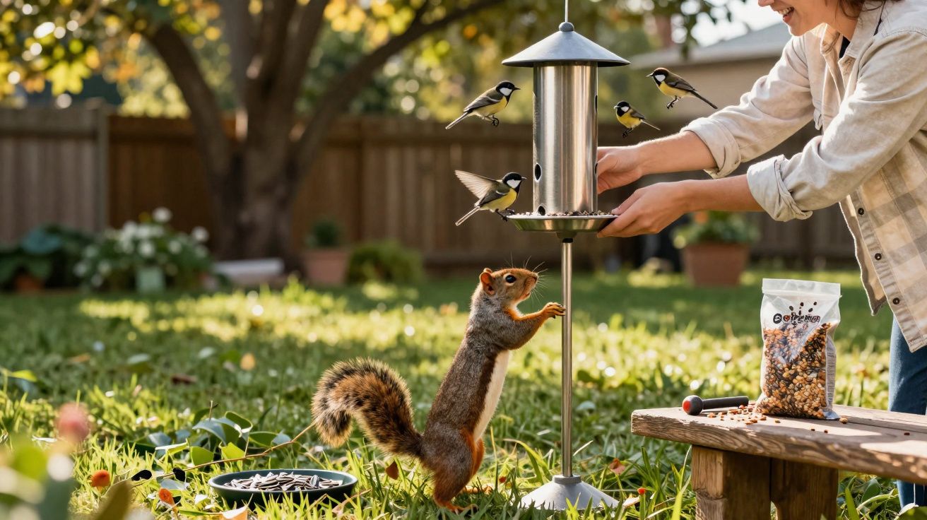 Une personne nourrit des mésanges à une mangeoire de jardin tandis qu'un écureuil se tient debout sur l'herbe.
